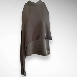 HALSTON Olive Green 100% Silk Asymmetrical Halter Top Blouse Size 8 |‎ EUC